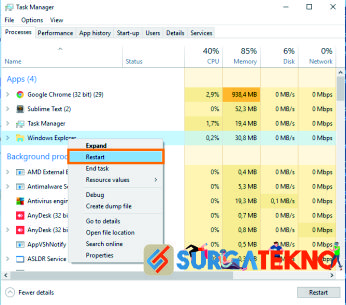 buka task manager restart windows explorer
