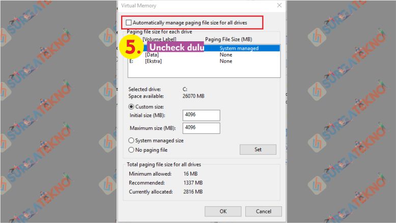 Uncheck pada automatically manage paging file size