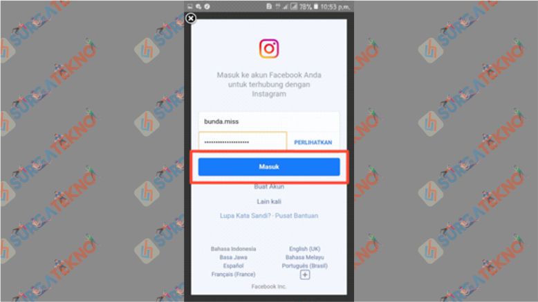 Masukkan Username dan Password Facebook yang Akan Di Linked dengan Instagram