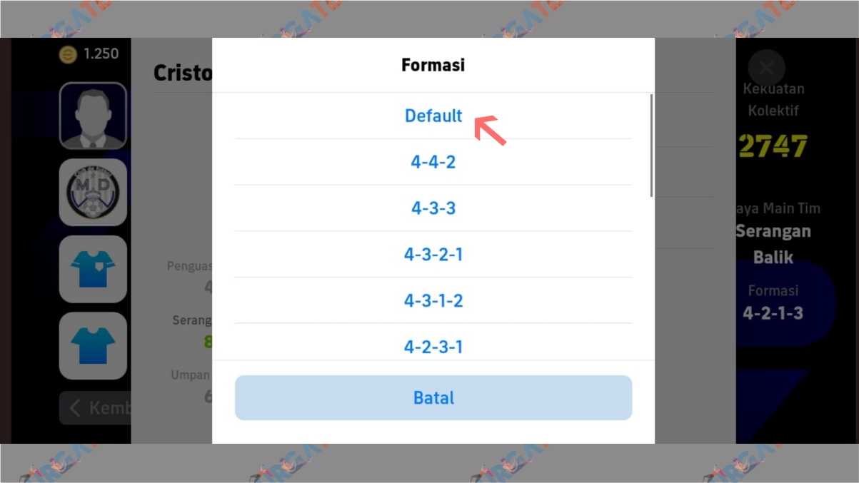 Pilih formasi default  - Cara Mendapatkan Formasi 4-1-3-2 Langka eFootball 2024
